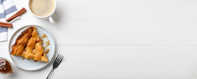 Image of Traditional apple pie served on white wooden table, flat lay with space for text. Banner design