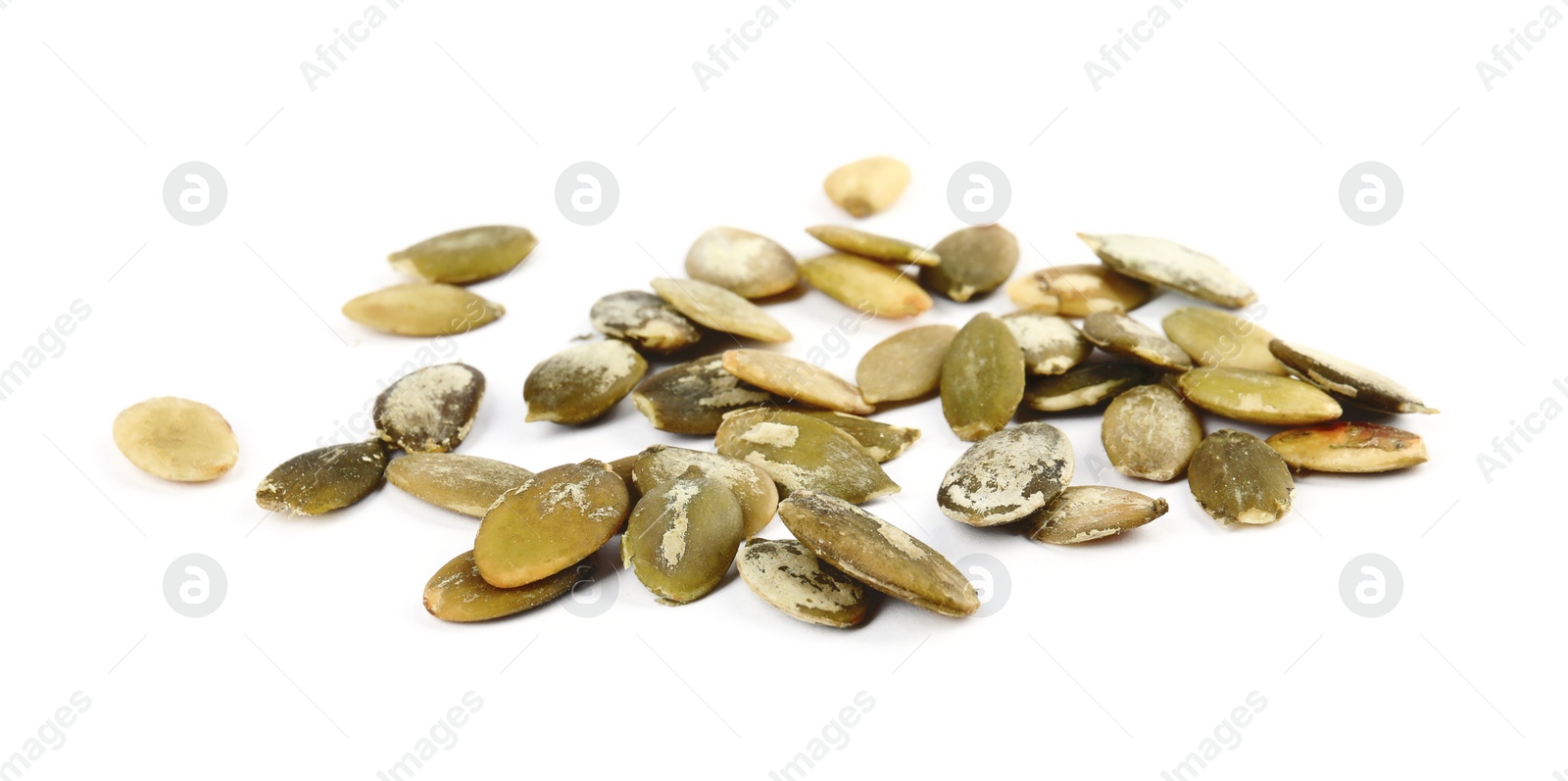 Photo of Raw peeled pumpkin seeds on white background