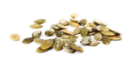 Photo of Raw peeled pumpkin seeds on white background