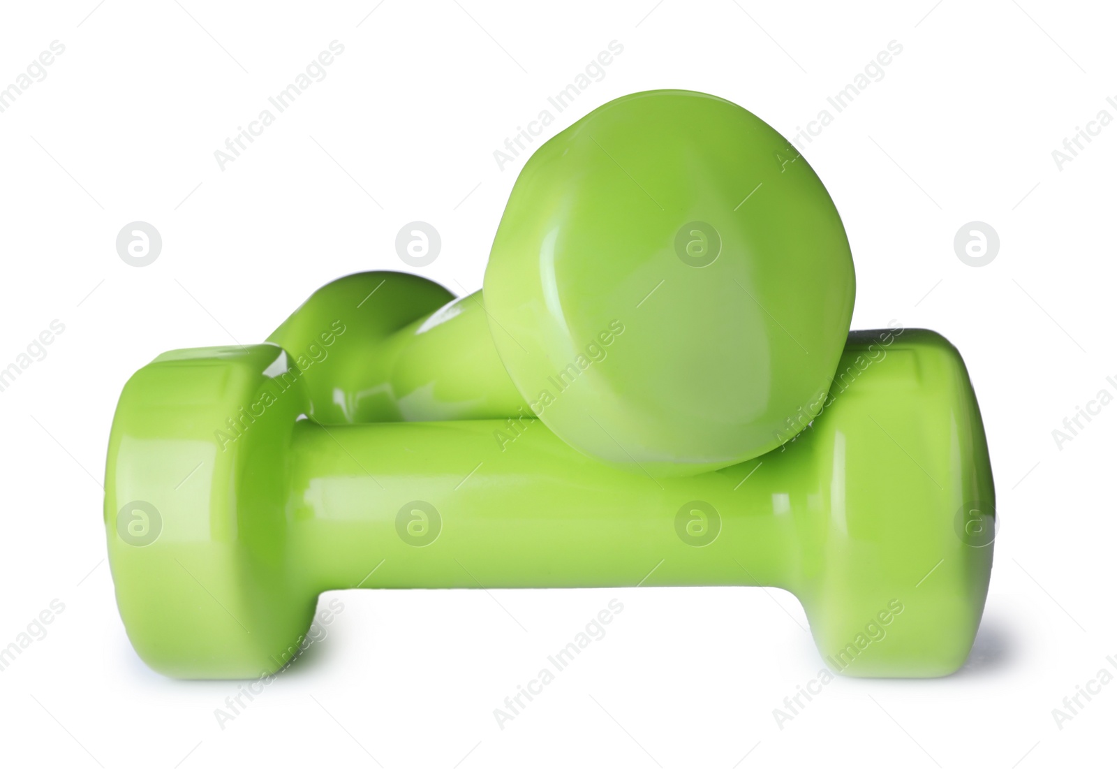 Photo of Color dumbbells on white background. Home fitness