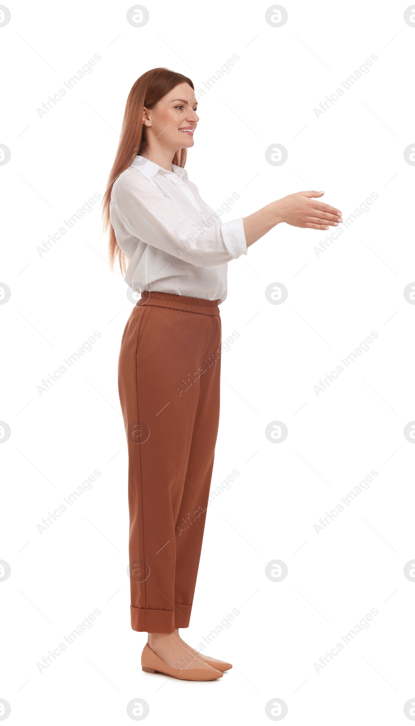 Photo of Full length portrait of beautiful happy business woman on white background