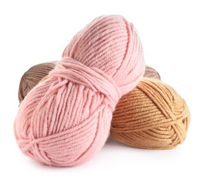 Photo of Different soft colorful woolen yarns on white background