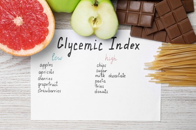 Paper with products of low and high glycemic index near food on light wooden table, flat lay