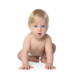 Cute little baby in diaper on white background