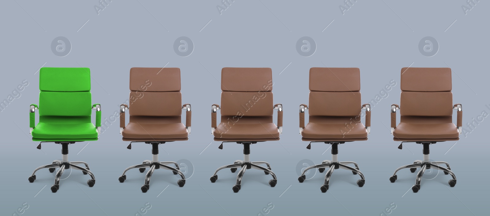 Image of Vacant position. Green office chair among brown ones on grey background, banner design