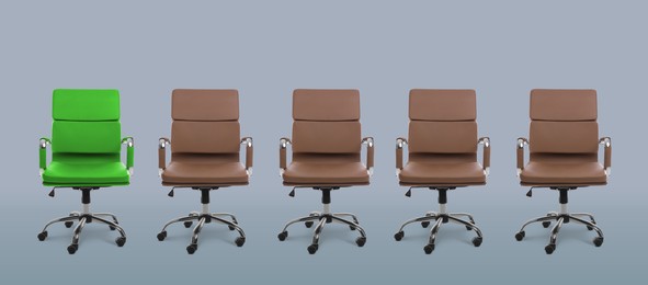 Vacant position. Green office chair among brown ones on grey background, banner design