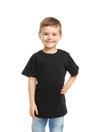 Photo of Little boy in t-shirt on white background. Mockup for design