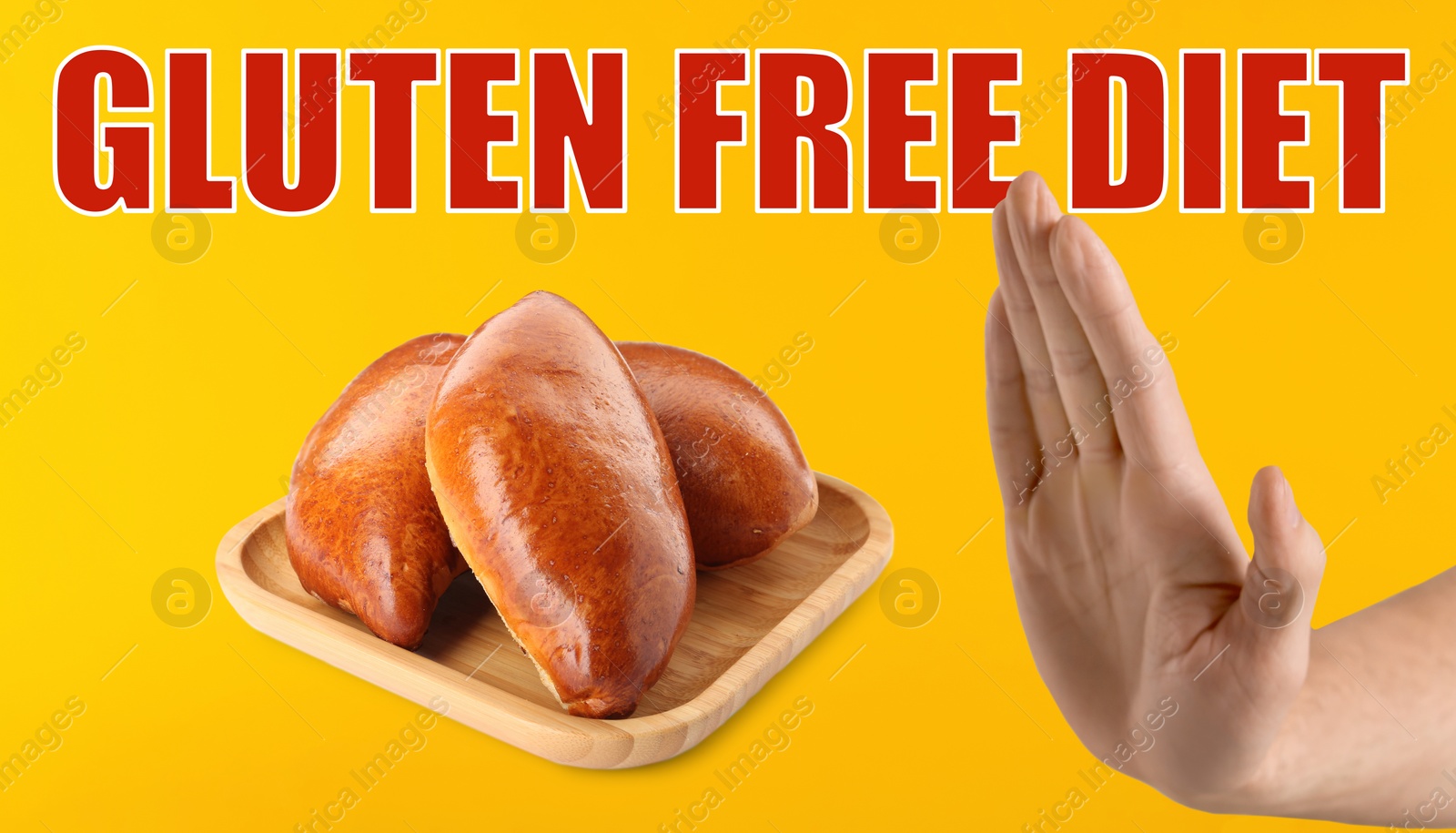 Image of Gluten free diet. Man refusing from pastry on orange background, closeup