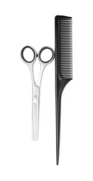 Photo of Professional hairdresser thinning scissors and black comb isolated on white, top view. Haircut tools