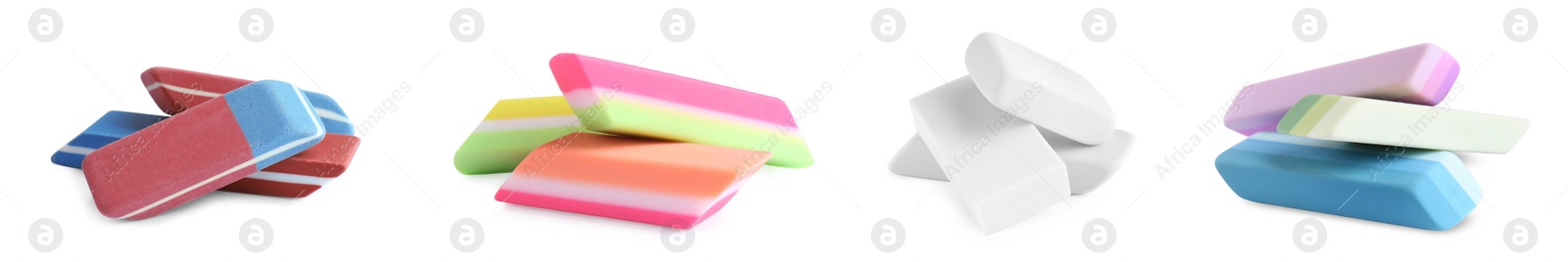 Image of Collage of rubber erasers on white background. Banner design