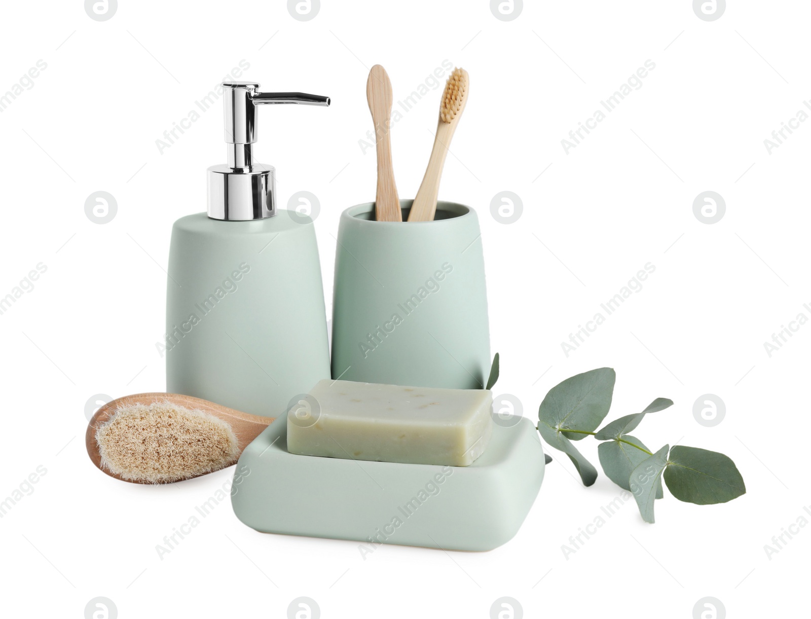 Photo of Bath accessories. Set of different personal care products and eucalyptus leaves isolated on white