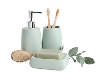 Photo of Bath accessories. Set of different personal care products and eucalyptus leaves isolated on white