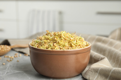 Bowl of sprouted green buckwheat on light grey table