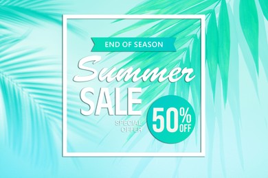 Image of Hot summer sale flyer design with palm leaves on light blue background