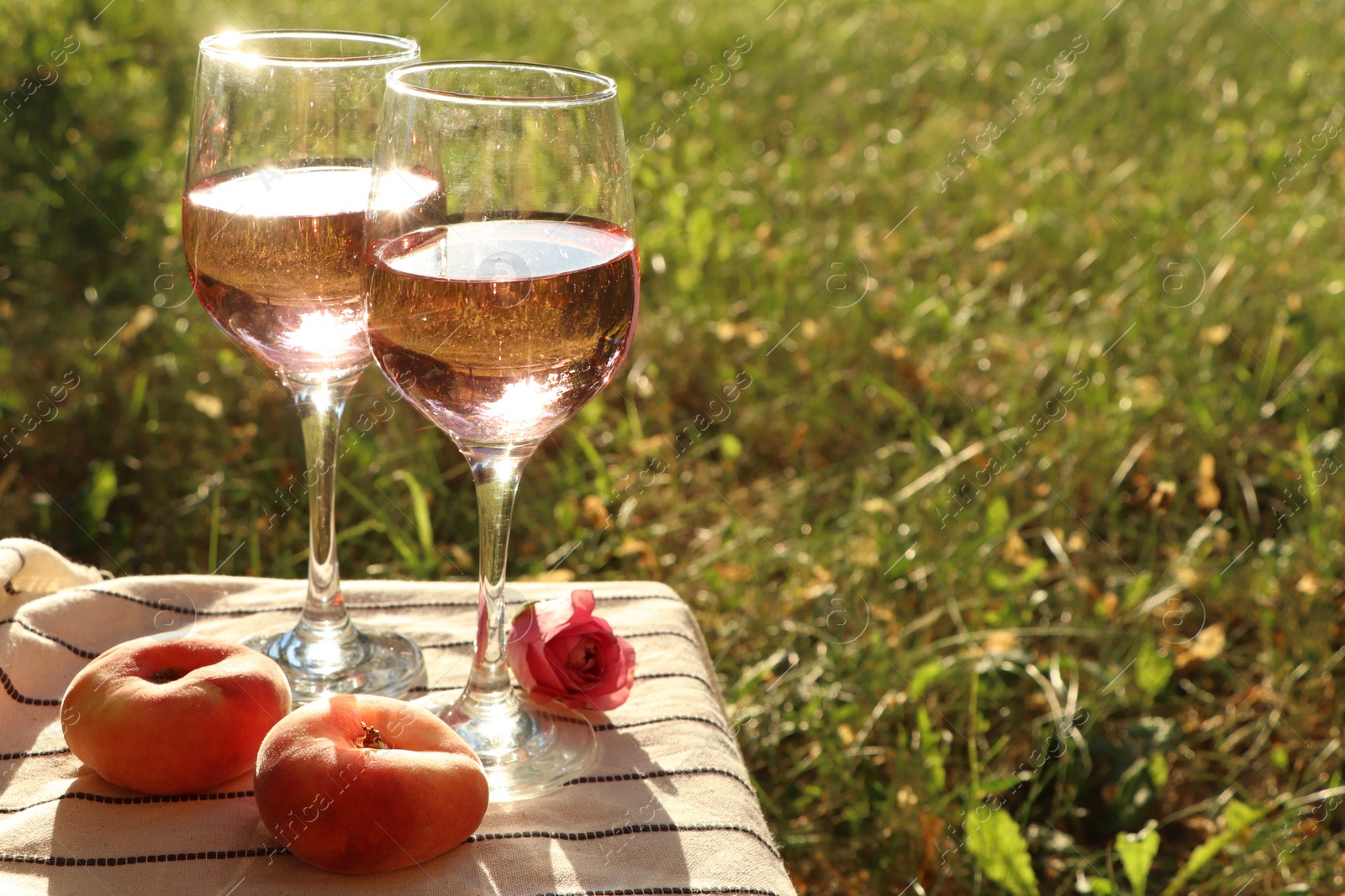 Photo of Glasses of delicious rose wine, flower and peaches on white picnic blanket outside. Space for text