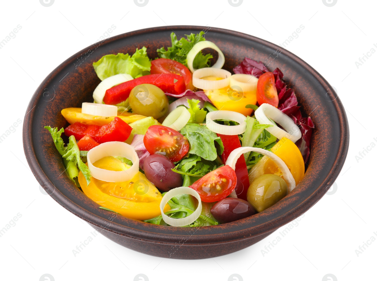 Photo of Bowl of tasty salad with leek and olives isolated on white