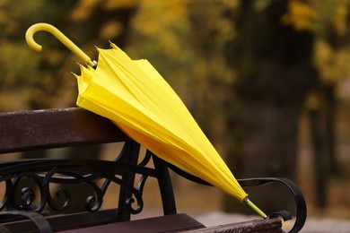 Photo of Yellow umbrella on bench in autumn park