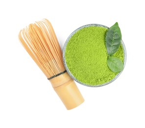 Bamboo whisk, leaf and bowl with matcha powder isolated on white, top view