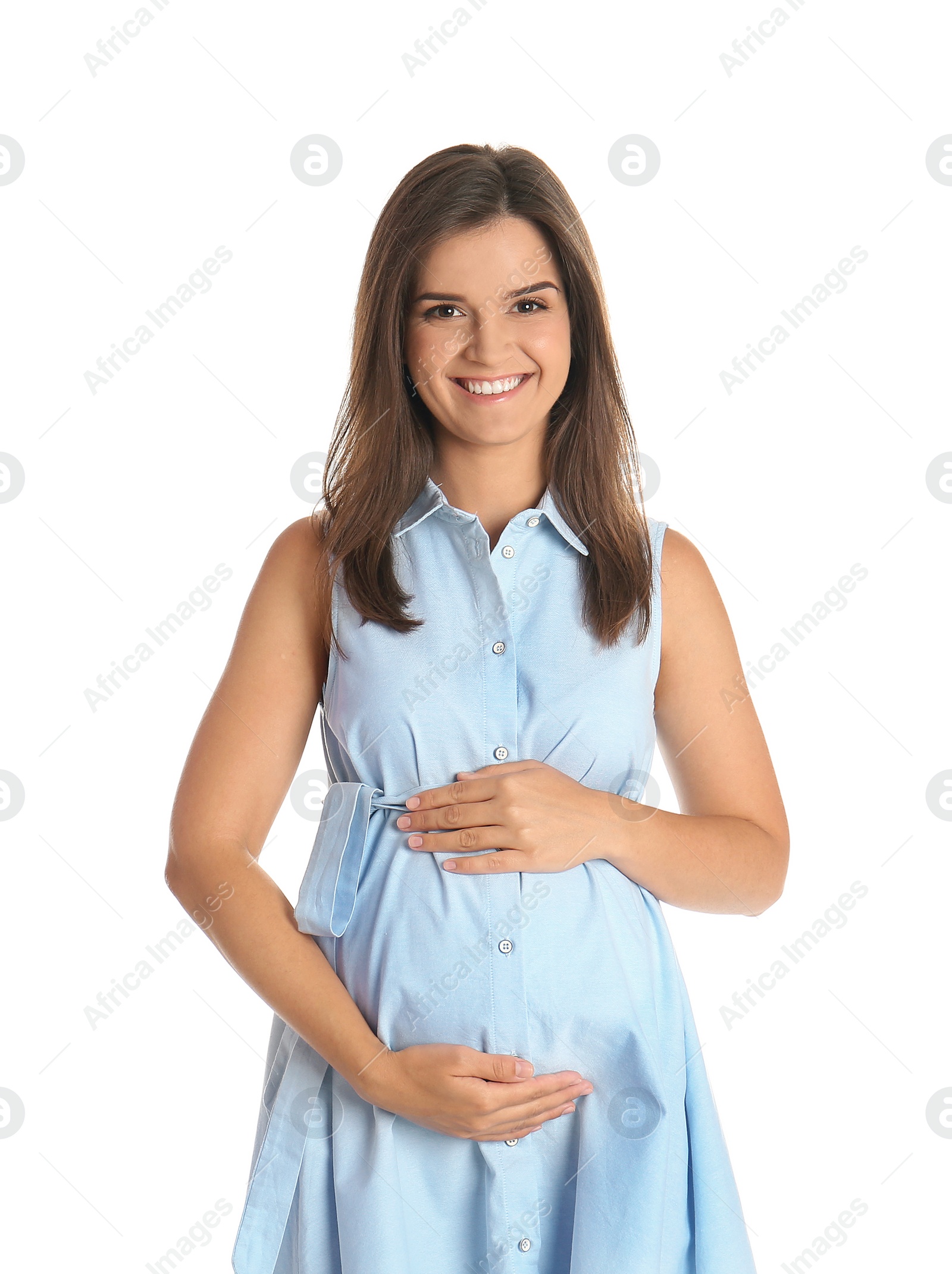 Photo of Happy pregnant woman touching her belly on white background