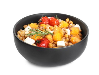 Photo of Bowl with delicious fresh chickpea salad isolated on white