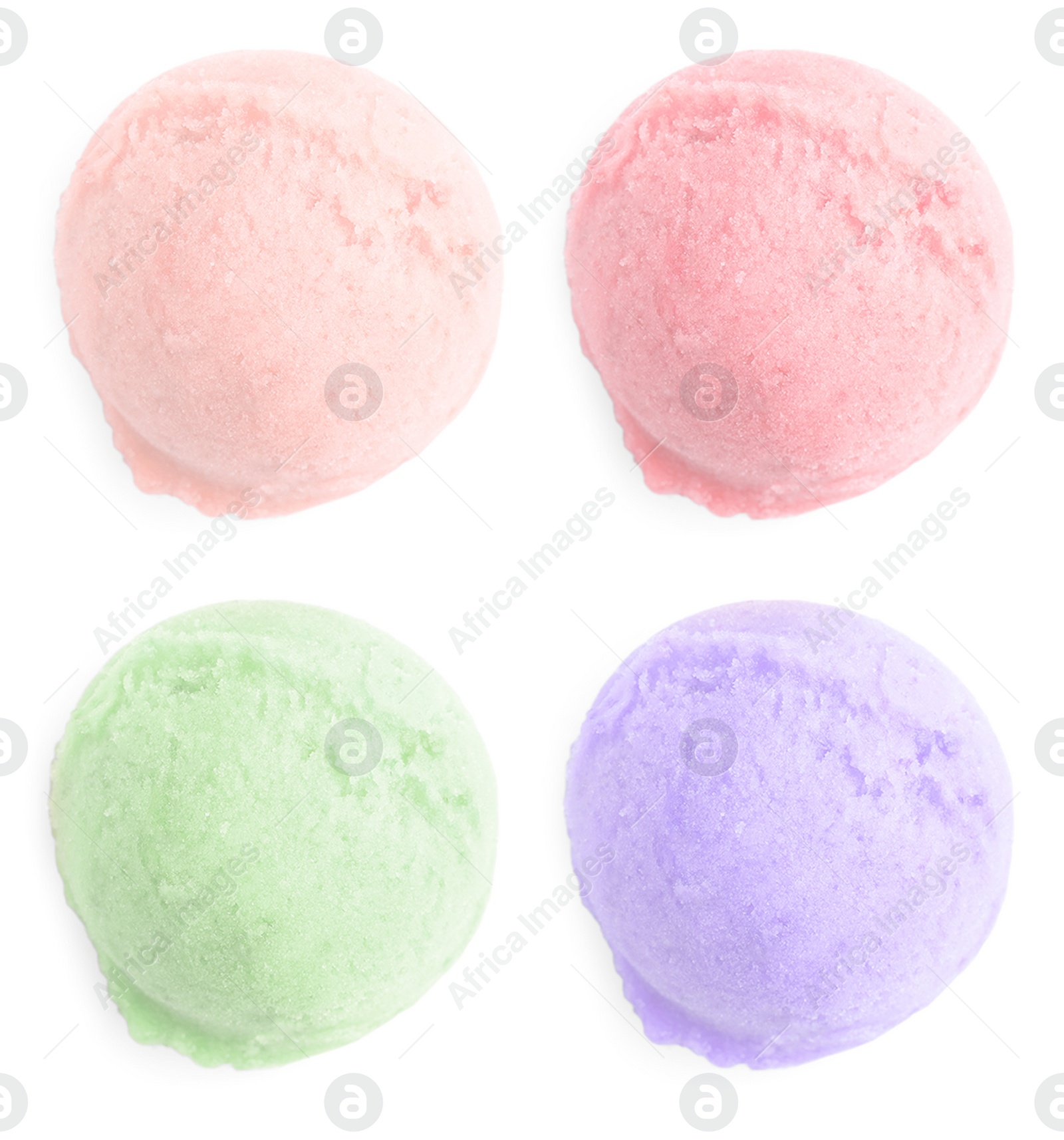 Image of Set of ice cream scoops of different colors and flavors isolated on white, top view