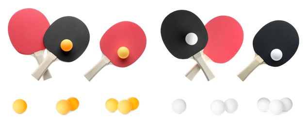 Image of Set with ping pong rackets and balls on white background, top view. Banner design