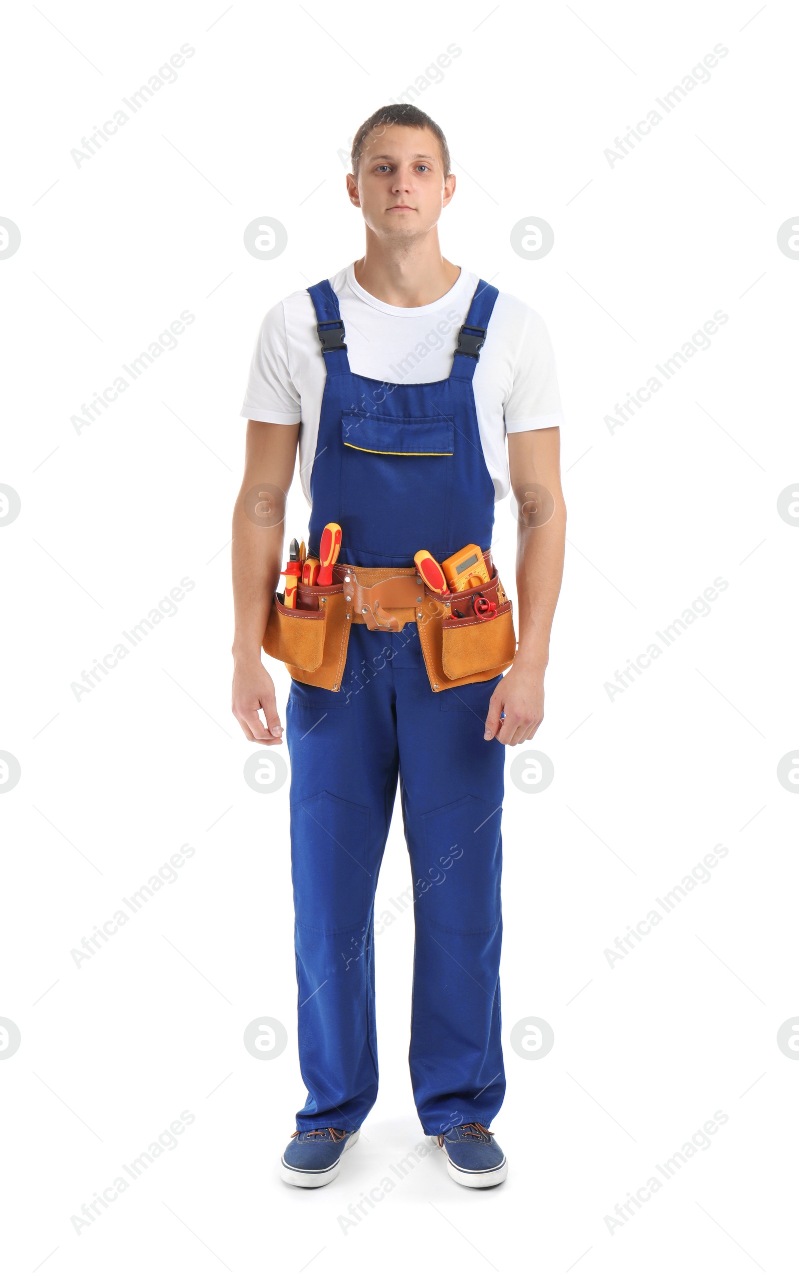 Photo of Electrician with tools wearing uniform on white background