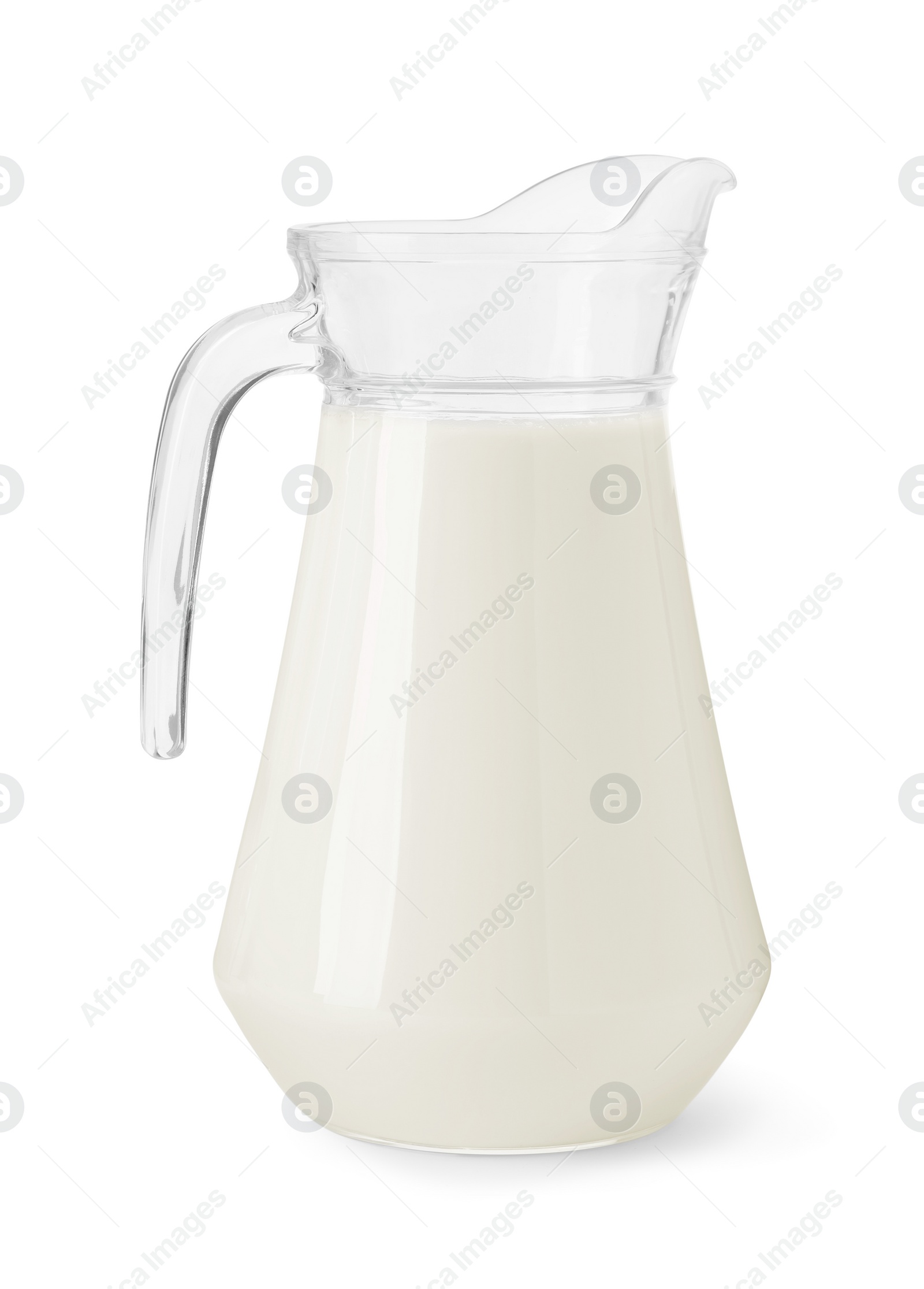 Photo of Glass jug of fresh milk isolated on white