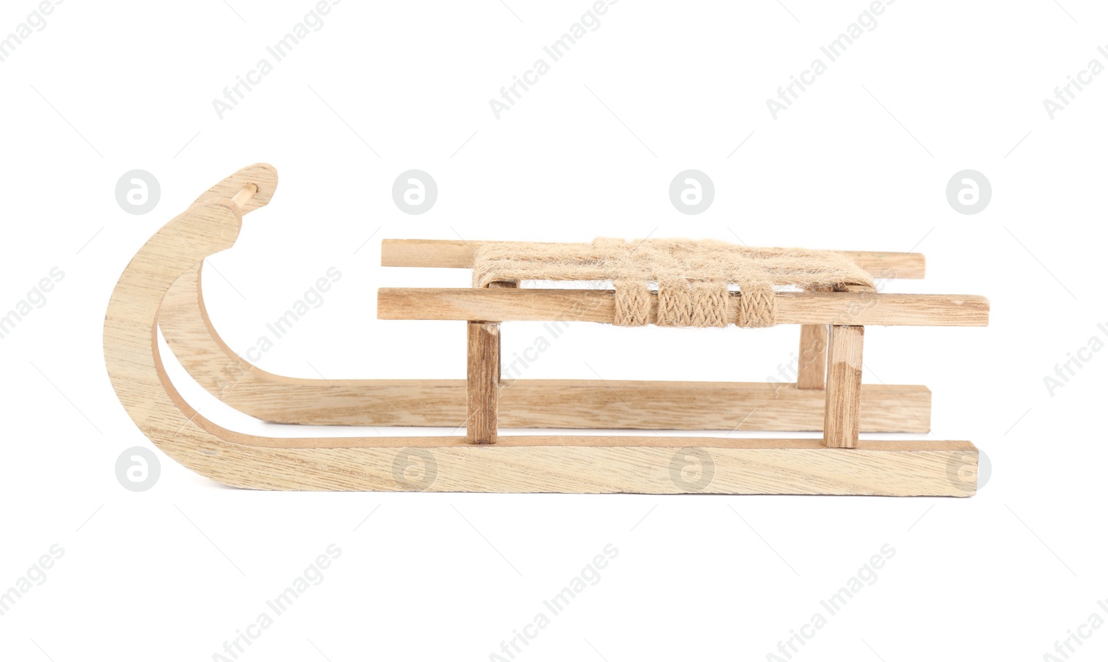 Photo of Empty wooden sleigh on white background. Christmas holiday decor