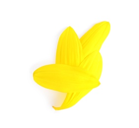 Photo of Fresh yellow sunflower petals isolated on white, top view