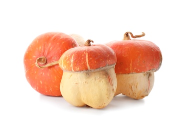 Photo of Fresh raw pumpkins isolated on white. Organic plant