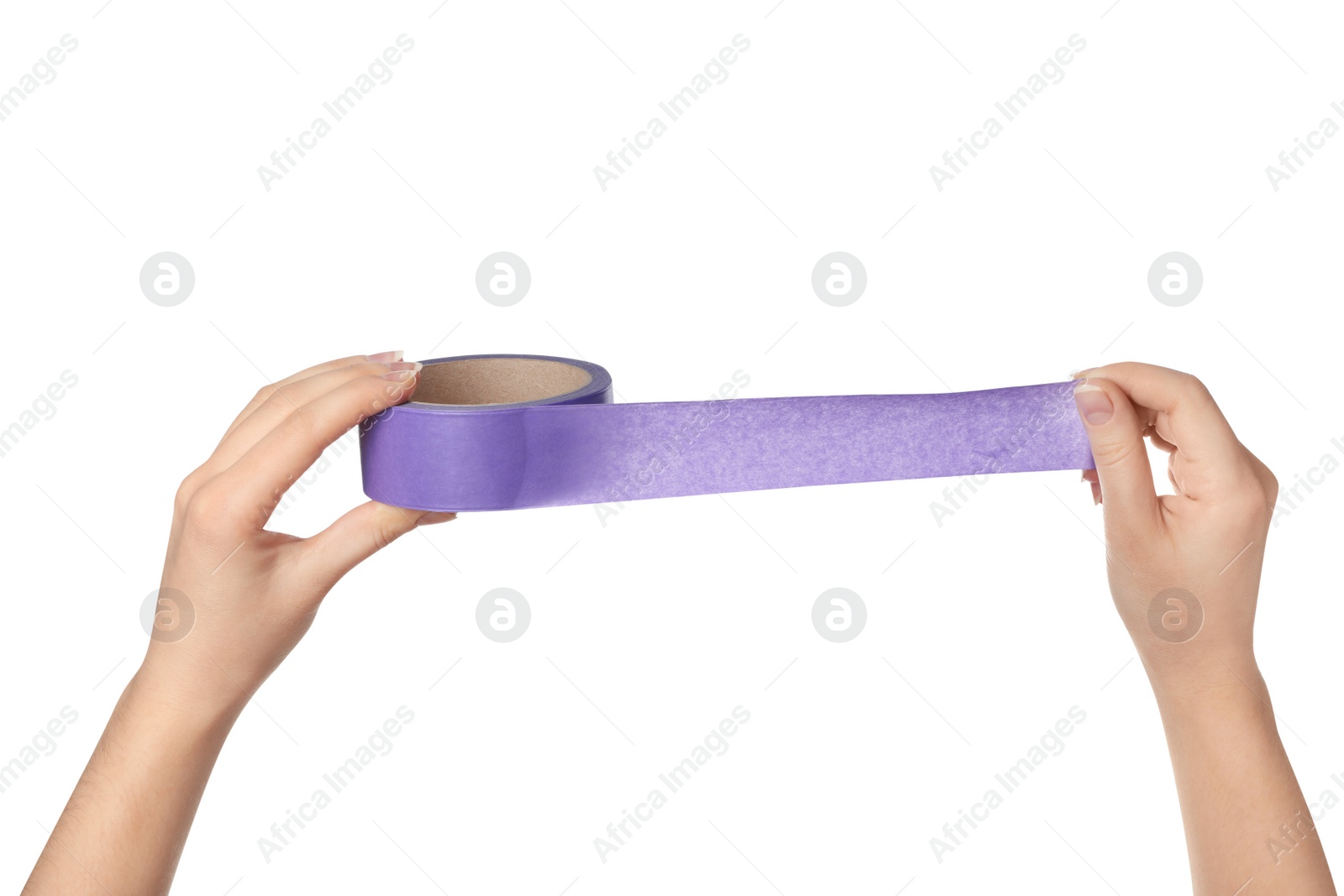 Photo of Woman holding violet adhesive tape on white background, closeup