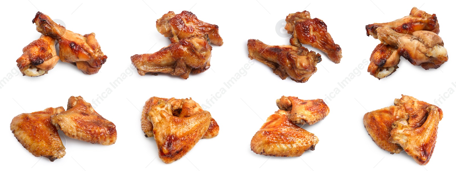 Image of Set with tasty roasted chicken wings on white background. Banner design