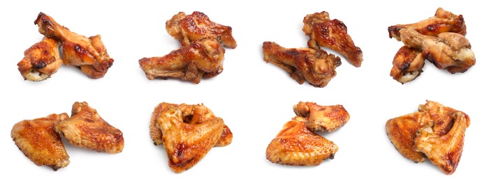 Set with tasty roasted chicken wings on white background. Banner design