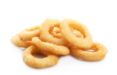 Freshly cooked onion rings on white background