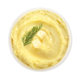 Photo of Bowl of delicious mashed potato with dill and butter isolated on white, top view