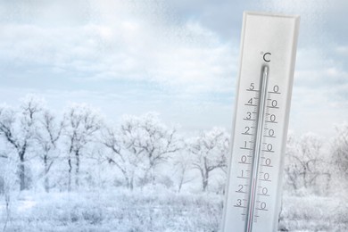 Image of Thermometer showing temperature below zero outdoors on winter day