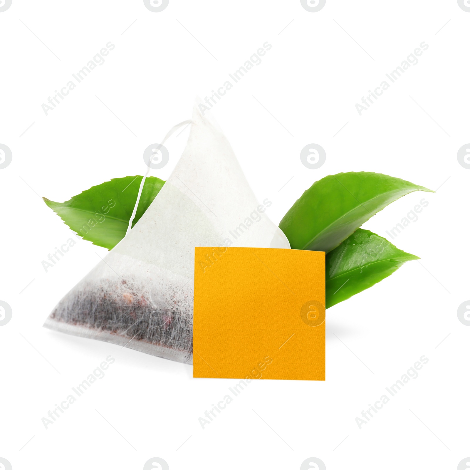 Image of Tea bag with leaves on white background