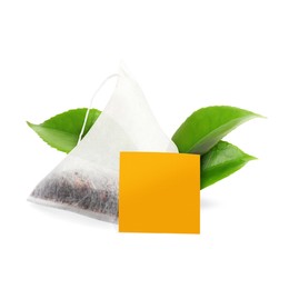 Tea bag with leaves on white background