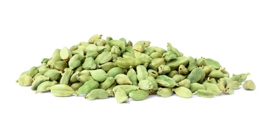 Pile of dry cardamom seeds on white background