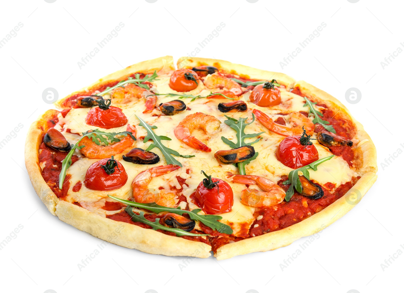 Photo of Hot delicious seafood pizza isolated on white