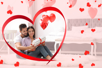 Image of Happy young couple in bedroom. Valentine's day celebration