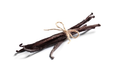 Photo of Tied vanilla sticks on white background