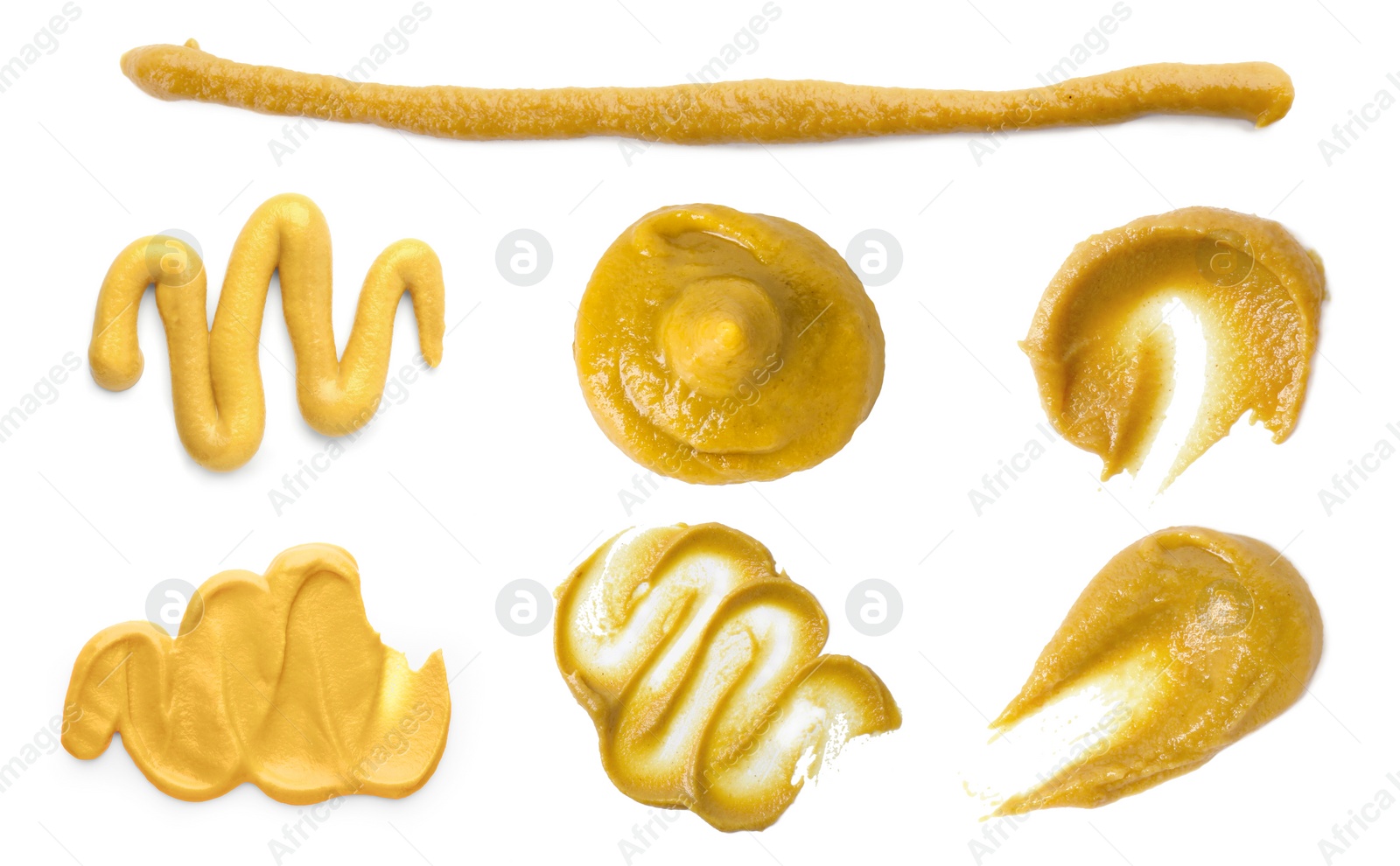 Image of Fresh mustard sauce isolated on white, set. Top view