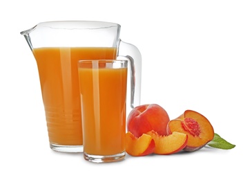 Freshly made tasty peach juice on white background