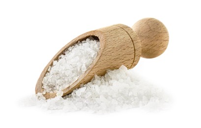 Photo of Heap of natural salt and wooden scoop isolated on white