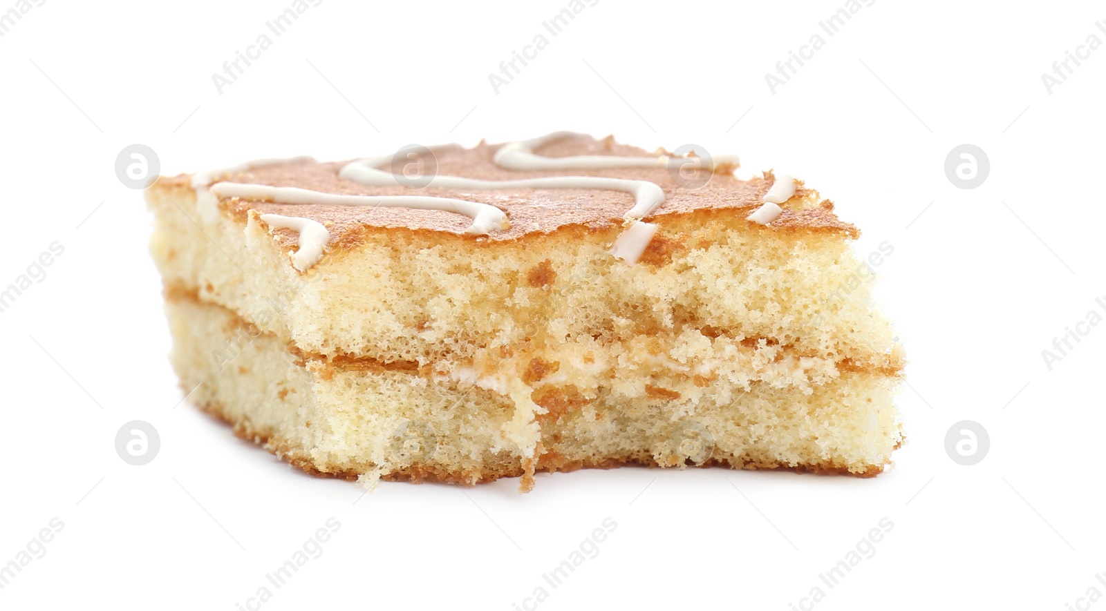 Photo of BItten delicious sponge cake isolated on white