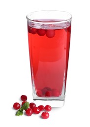 Photo of Tasty cranberry juice in glass and fresh berries isolated on white