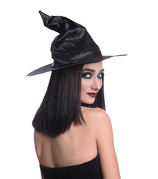 Photo of Mysterious witch wearing hat on white background
