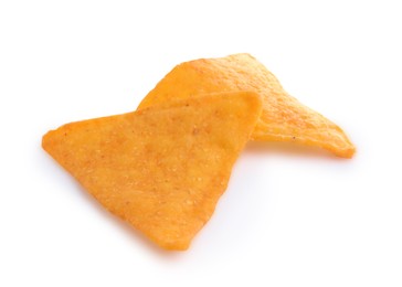 Tasty tortilla chips (nachos) on white background